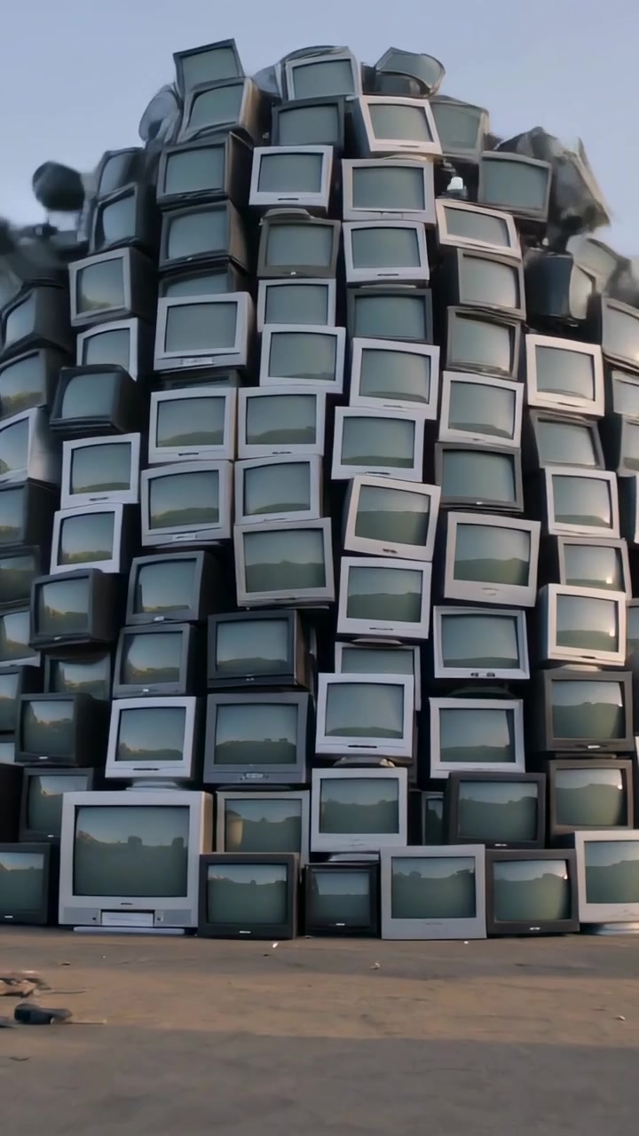Video verticale: La sezione superiore si ribalta, una torre di monitor CRT crolla, rotolando per il piazzale e disperdendo le unità