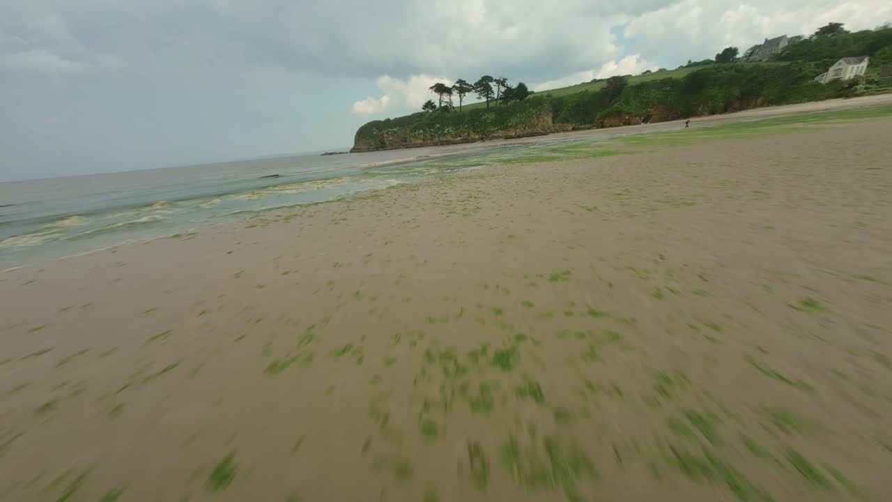 Drone Flyover Low Tide Ris Beach In Douarnenez Bay, Brittany France. FPV Shot