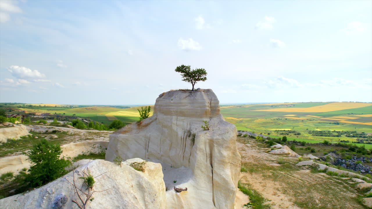 Aerial drone view of the Little Switzerland of Moldova located in Fetesti. Former limestone quarry with unusual landforms. lonely tree on top of a rock
