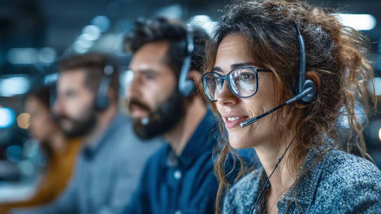A Diverse Team of Customer Support Representatives Engaged in Communication, Showcasing Professional Headsets and Focused Expressions in a Modern Office Environment