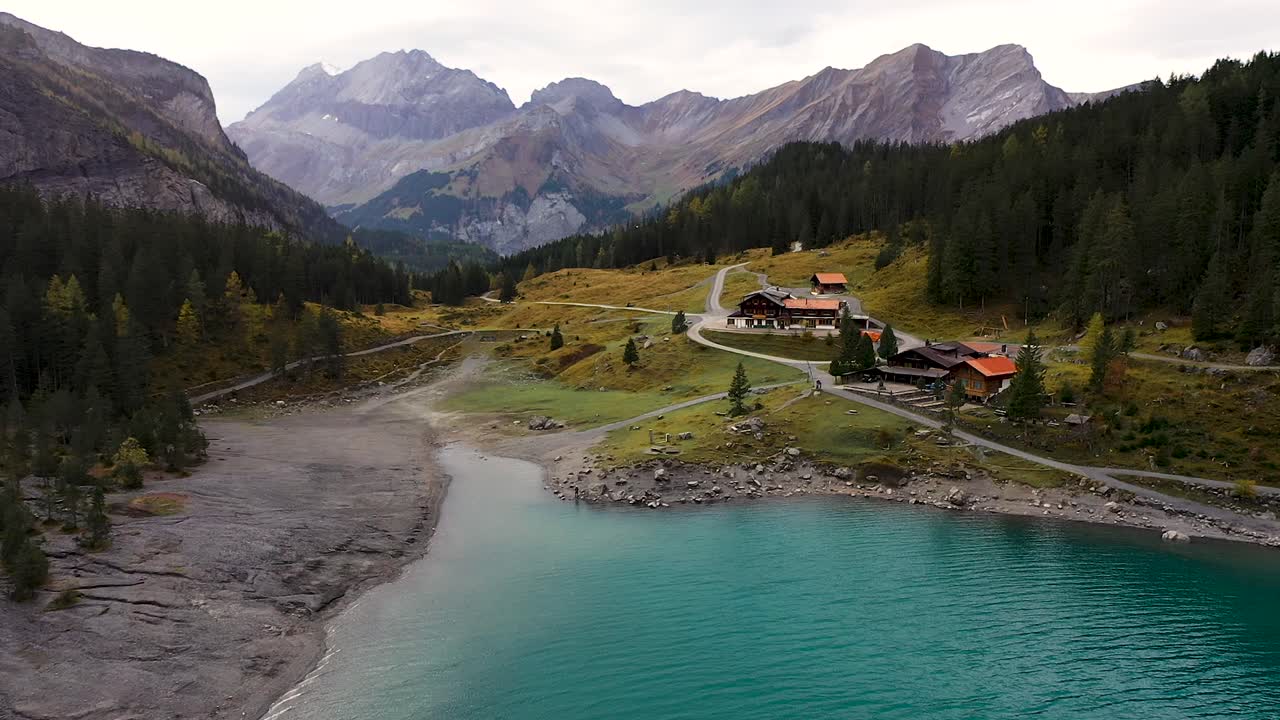 Turquoise lake Oeschinensee  in Kandersteg, Bern, in the alps of Switzerland. aerial view of Mountains