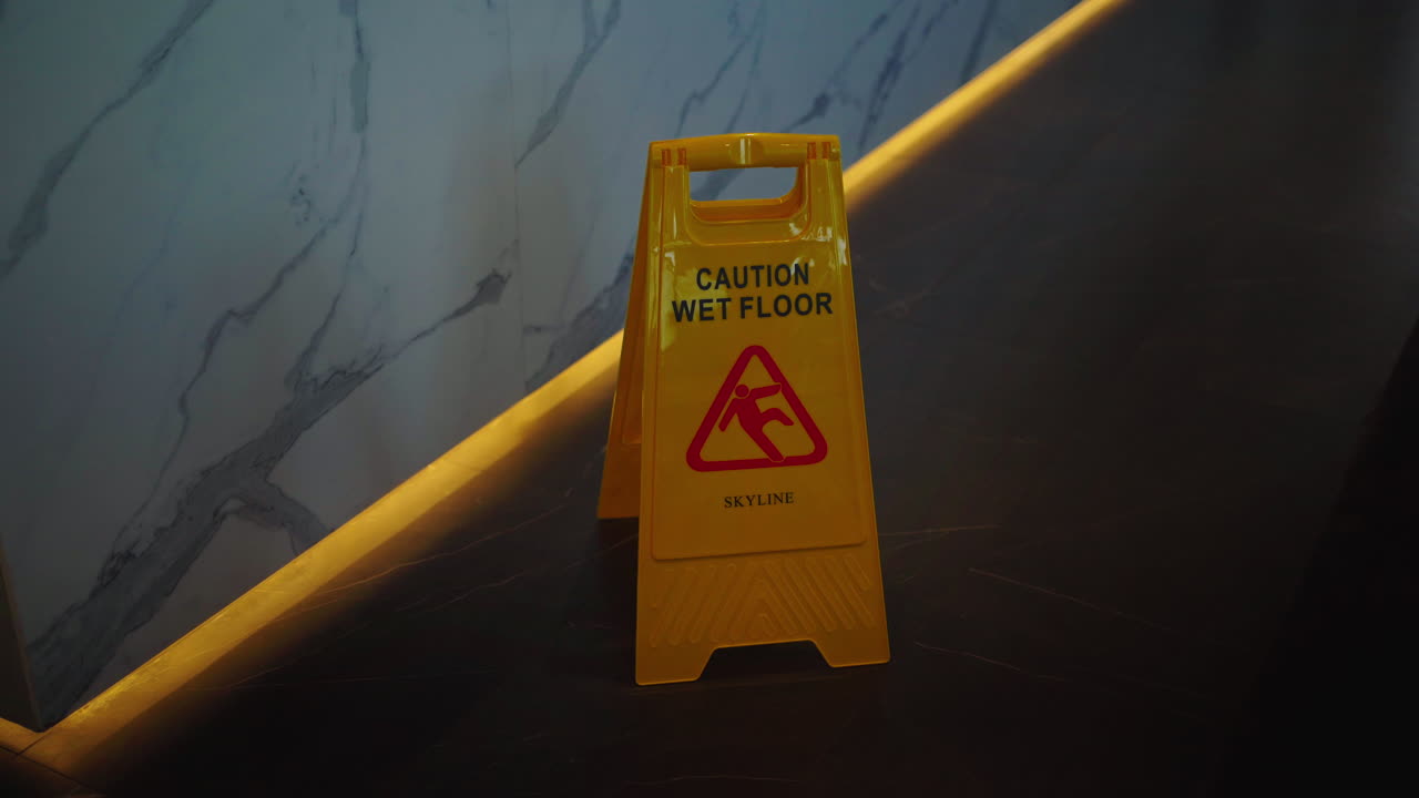 precaución señal de piso mojado, señal amarilla de arriba hacia abajo