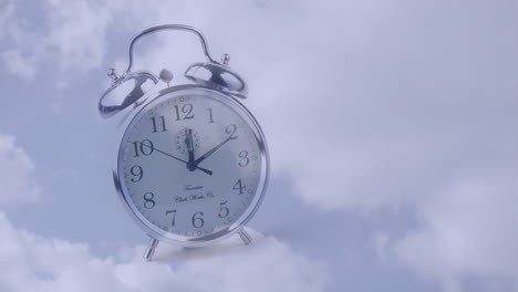 animation of alarm clock moving fast over clouds in sky