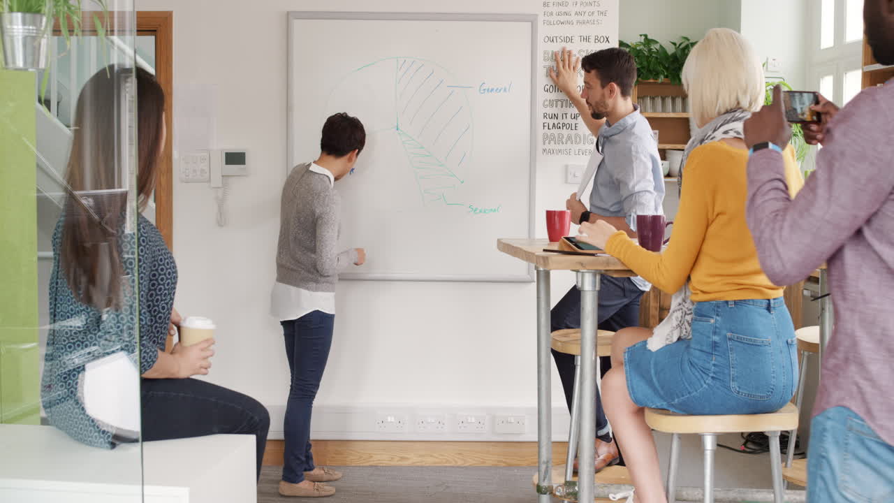 reunión de negocios de grupo diversa líder del equipo femenino presentando la idea del plan de crowdsourcing a los inversores de startups tecnológicas en una oficina de moda hipster