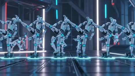 a captivating showcase of futuristic robots performing coordinated dance moves in a high-tech environment, illuminated by neon lights and advanced technology