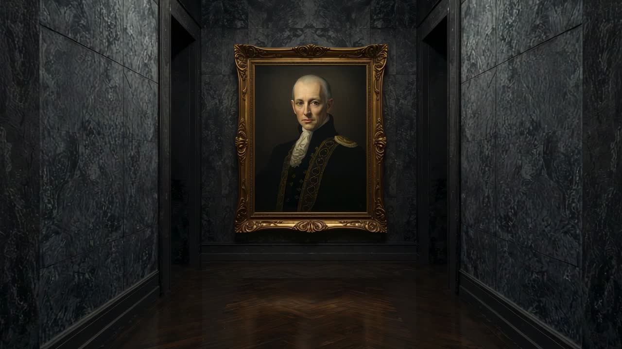 Camera gliding through marble corridor after opening scene, showing ornate gold frame details