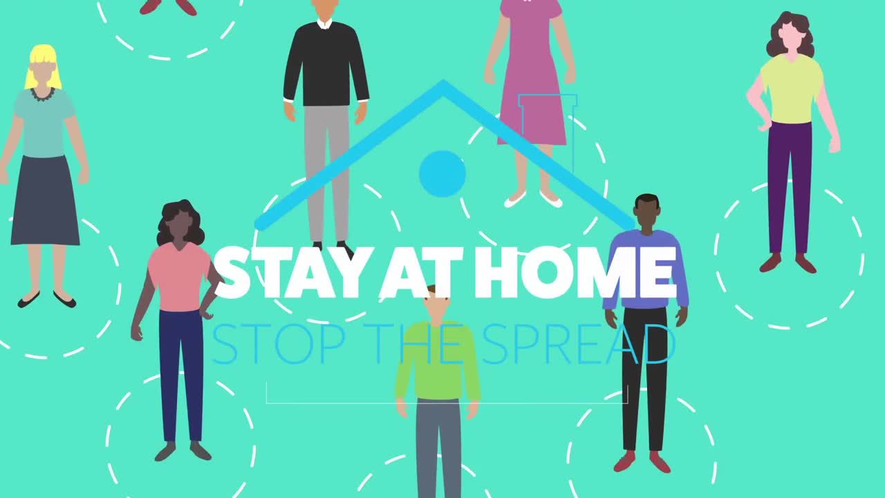 ⁇ 색 원을 가진 사람들의 그룹과 함께 사회적 거리를 두는 메시지를 가진 파란색 지붕의 애니메이션