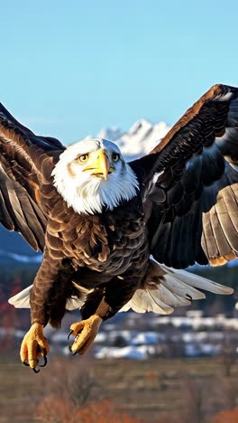 majestic bald eagle soaring over snowy mountains at sunrise
