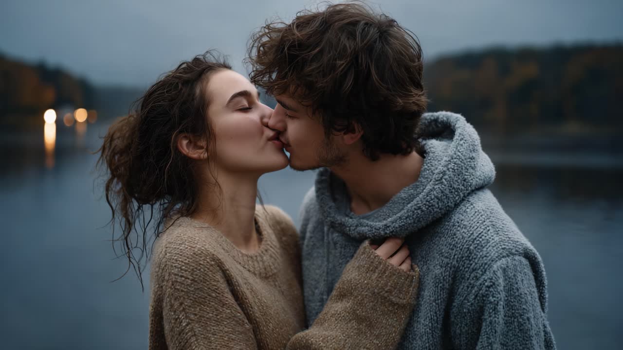 Tender Moments: A Young Couple Sharing an Intimate Kiss Against a Serene Lakeside Backdrop, Capturing Love and Connection in a Magical Twilight Setting