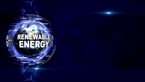 renewable energy text animation around earth, rendering, background, loop