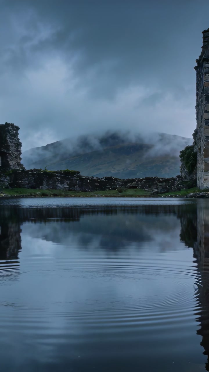 Vertical video: Bubble near center sending ripples across calm pool at ruins, distorting mirror sky