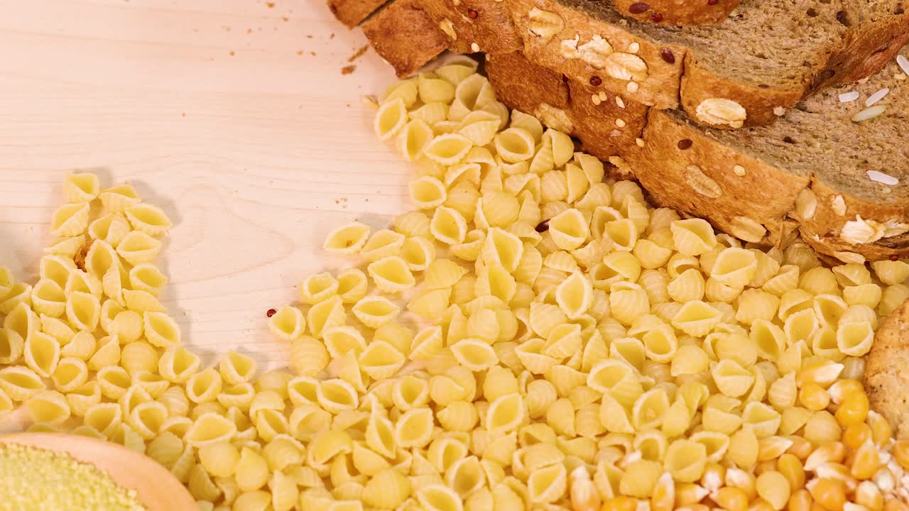 A hand organizes tagliatelle, conchiglie, and bread on a wooden surface with warm lighting