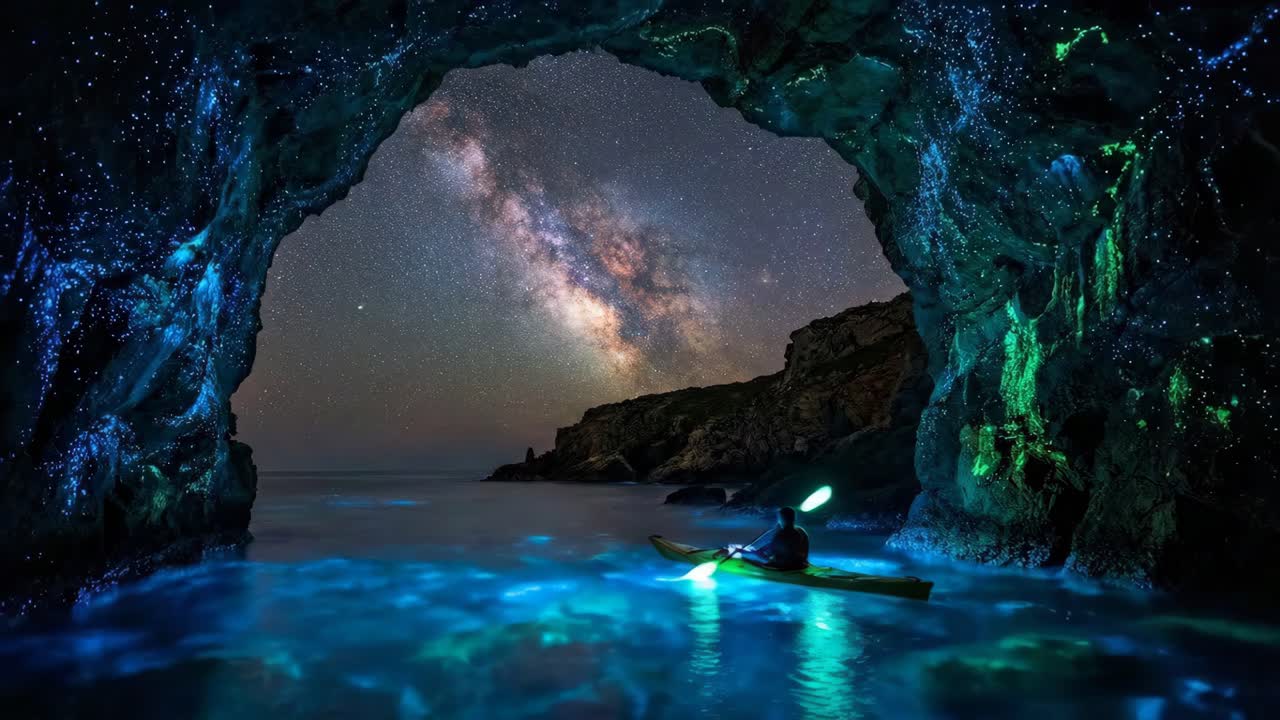 Kayak in una grotta marina sotto la Via Lattea