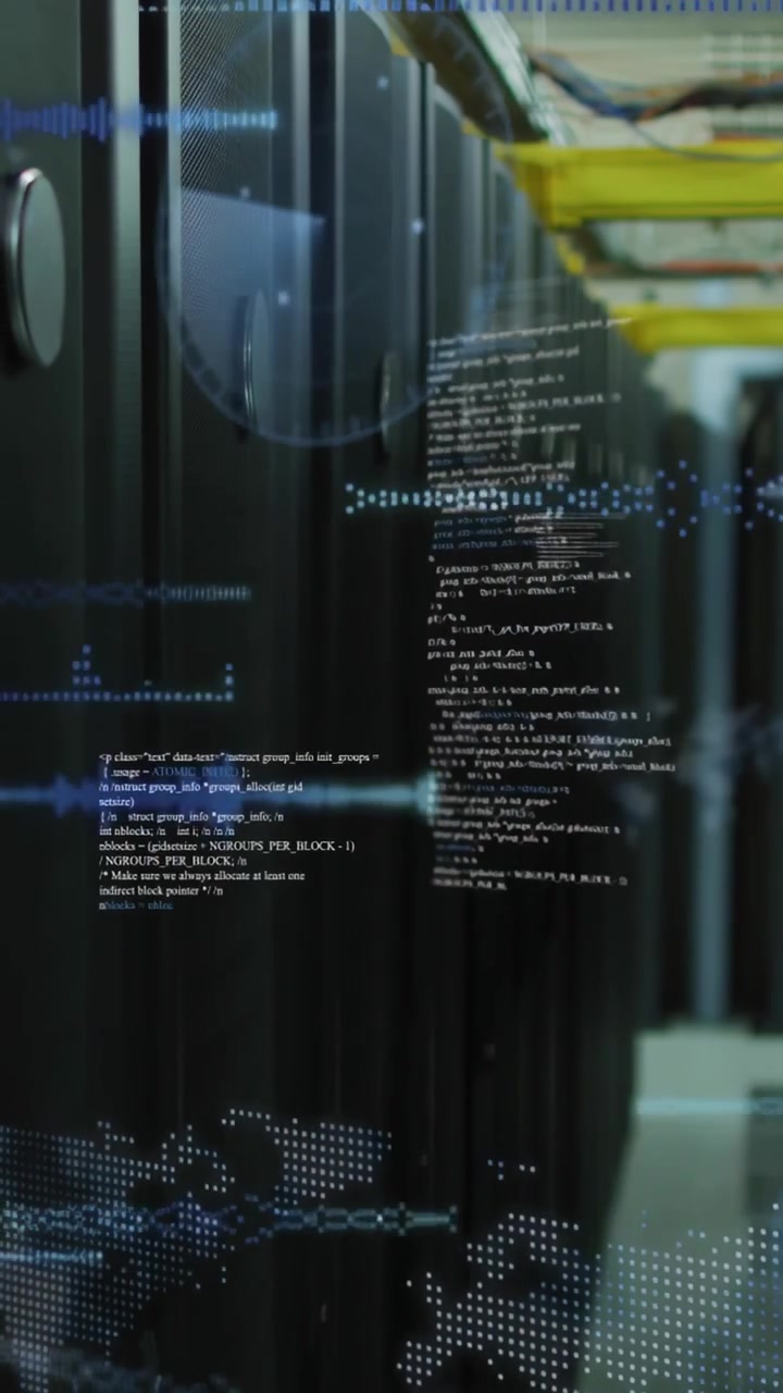 Vertical video: Data center racks receiving traffic, showing waveforms, code map HUD for monitoring