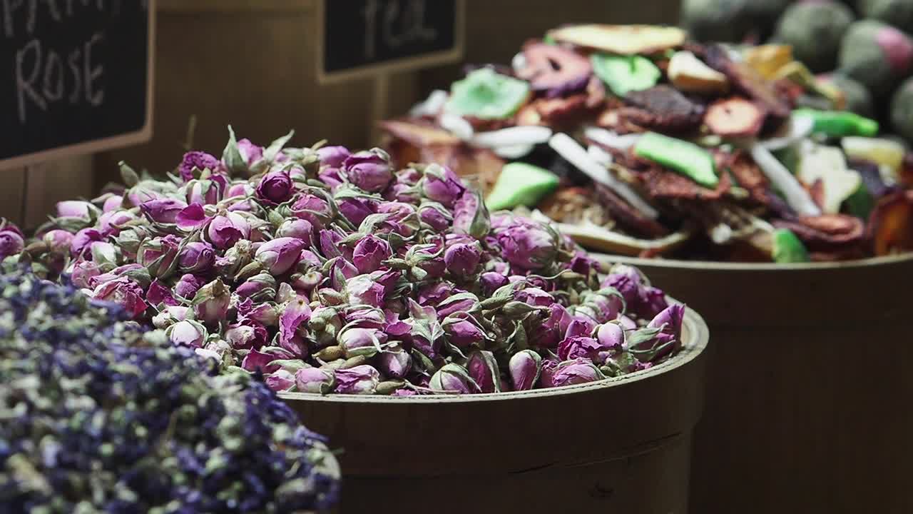 Close Up of Dried Rosebuds and Tea Ingredients in a Market