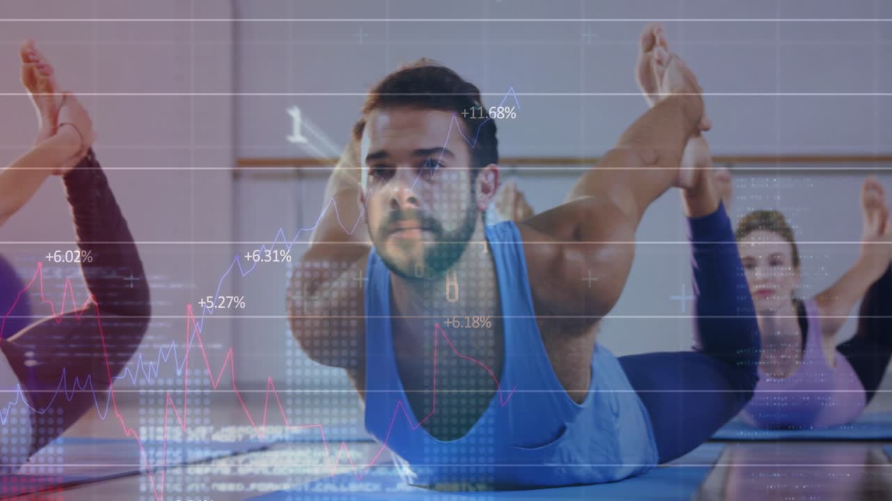 Male participant in blue tank top initiating backbend on yoga mats, HUD charts syncing for fitness