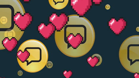 animación de los iconos de corazones y mensajes de las redes sociales en fondo negro