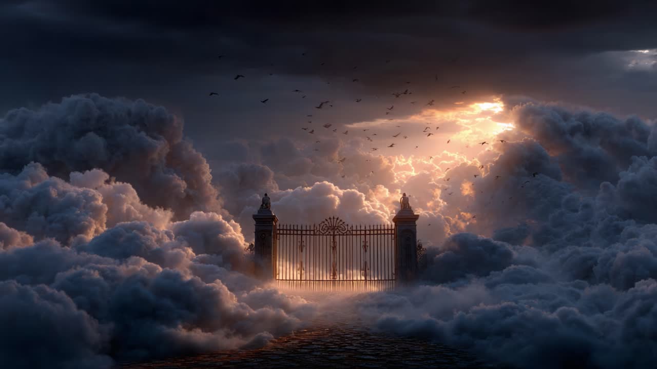 En mystisk portal dukker op gennem æteriske skyer, mens sollyset bryder frem og skaber en betagende scene af håb og forundring på den himmelske himmel