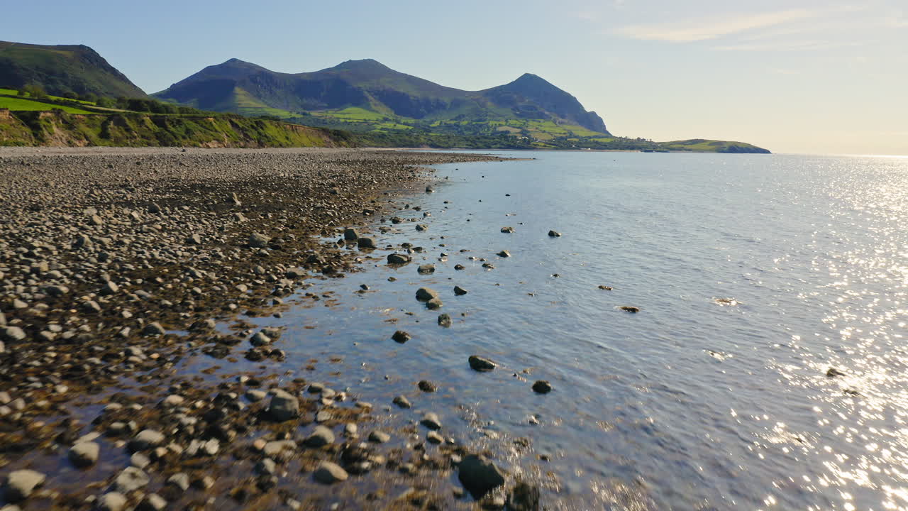 Nobody on Empty Rocky Beach on Llyn Peninsula Coast in Wales - Aerial Drone Flyover