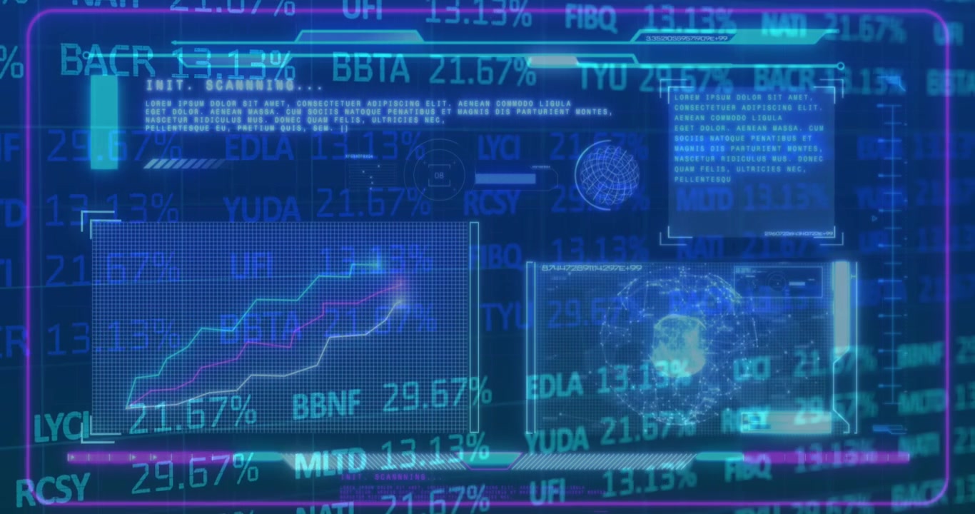 Animation of financial graphs and data over navy digital screen with diverse data
