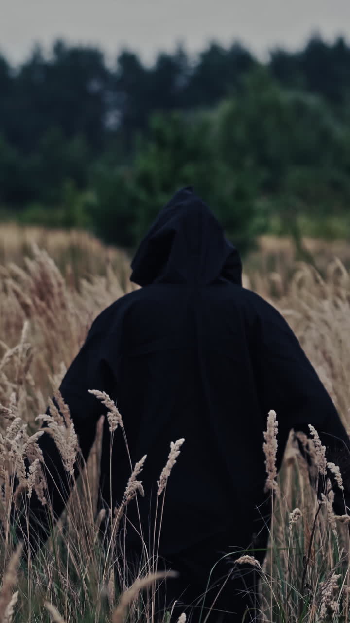 Mysterious ghost in field. Grim reaper walking at the field in countryside Vertical video