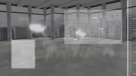 in office, digital animation showing data charts with cityscape in background