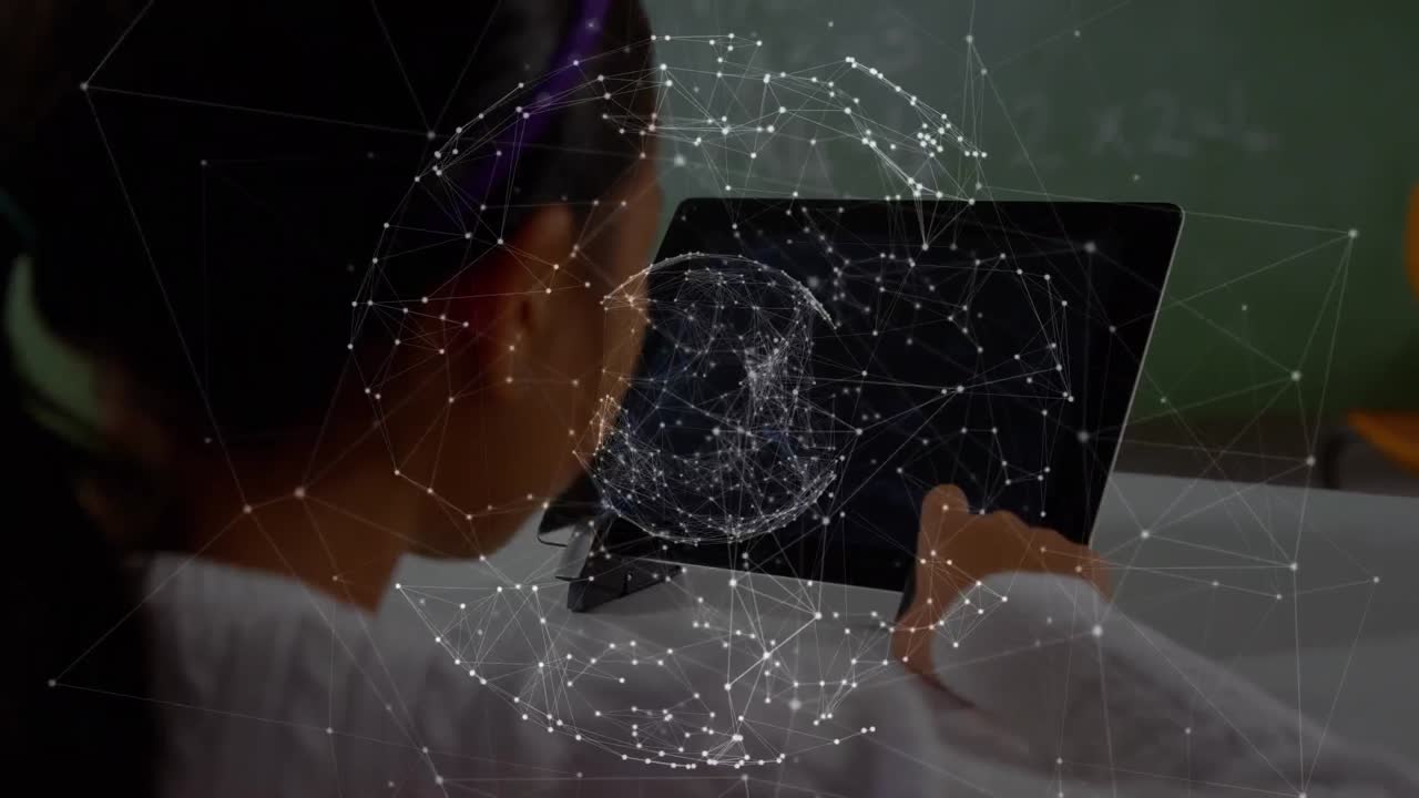 Globe of network of connections against girl using digital tablet at elementary school