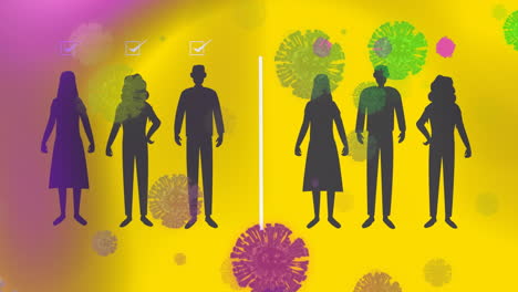 multiple covid-19 cells over people maintaining social distancing against yellow background