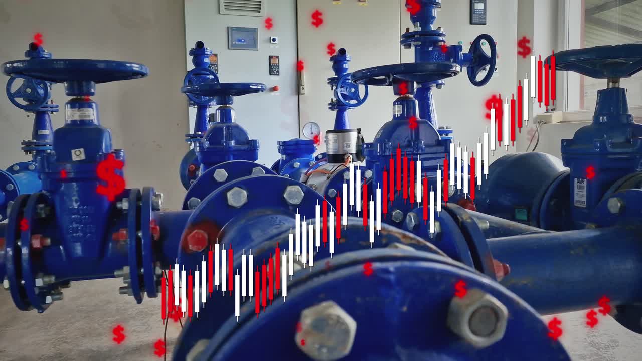 물 핑 스테이션 앞에 그래프로 표현된 깨한 식수 가격 상승