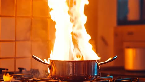 a pot on a stove with flames coming out of it