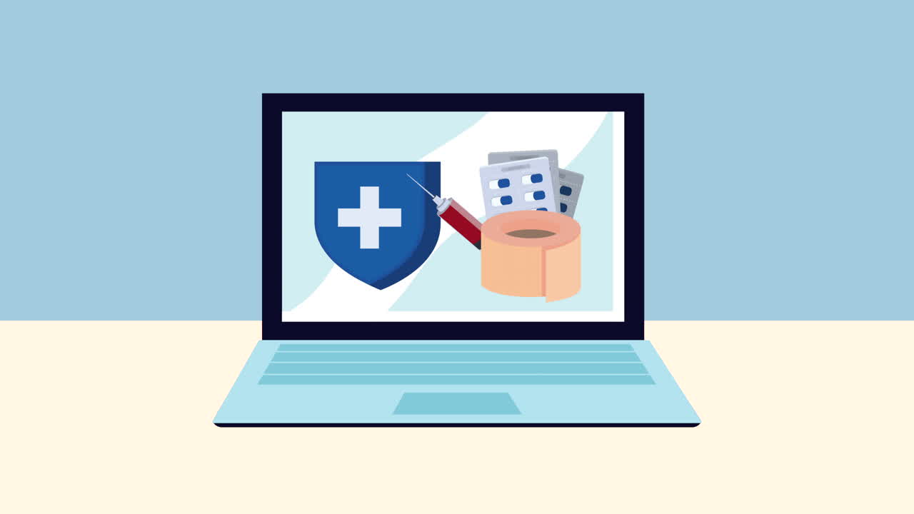 escudo médico con medicamentos en el portátil