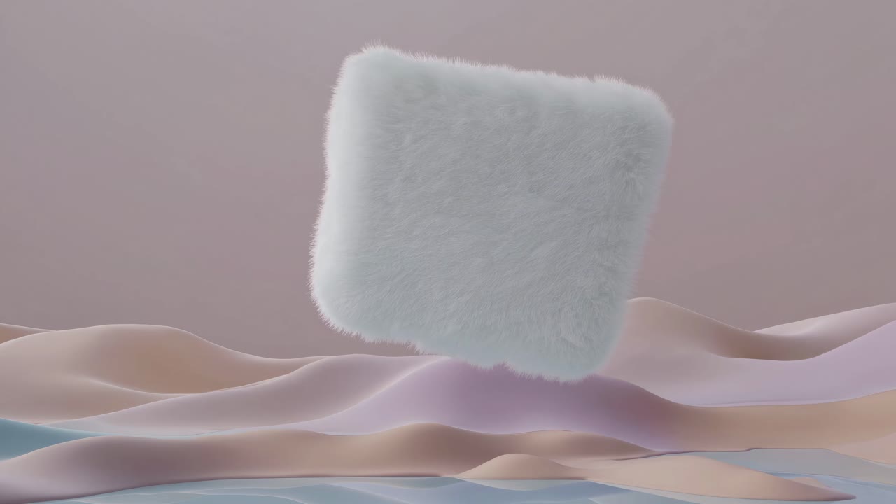 Floating White Fur Cube on Pastel Background