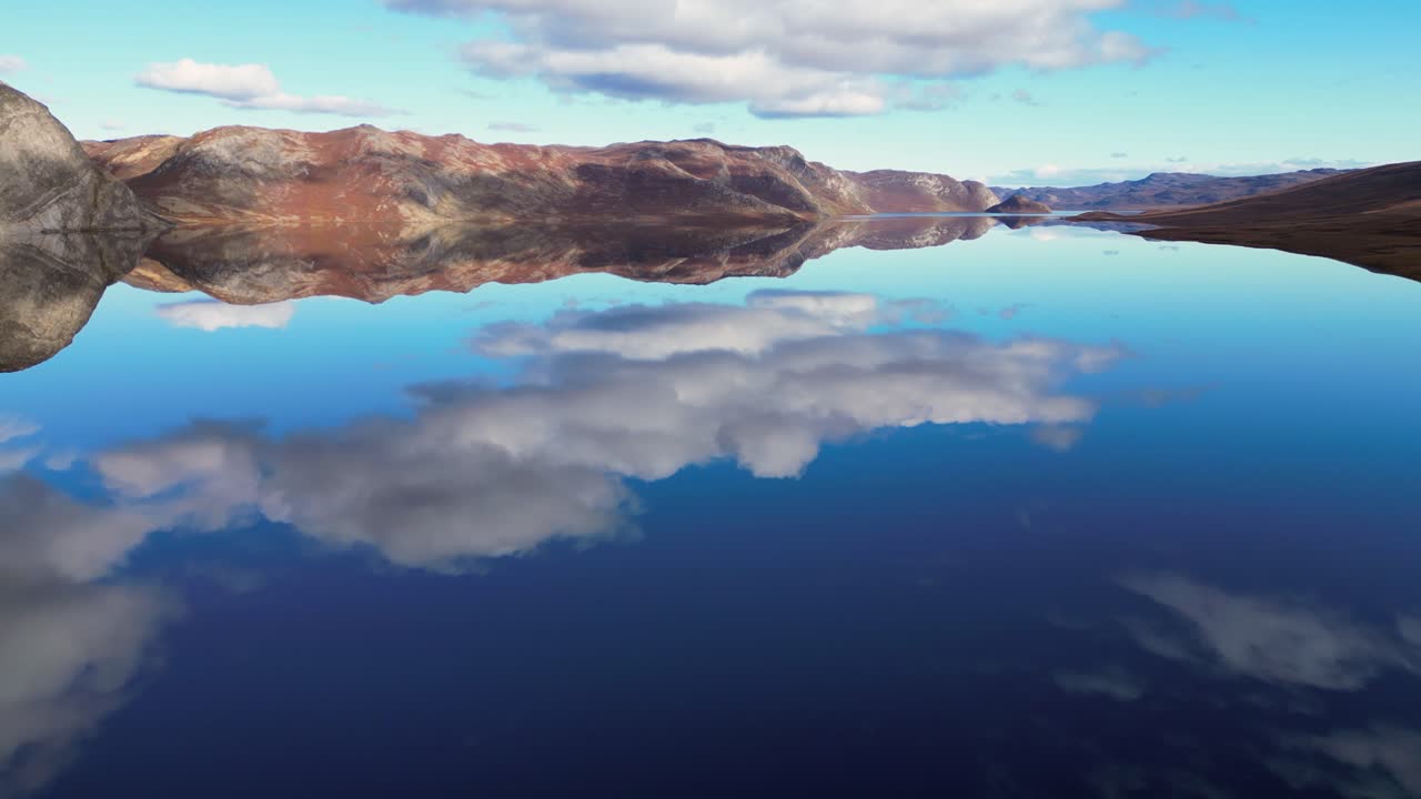 Pan across mirror lake surface in rugged rocky arctic tundra landscape
