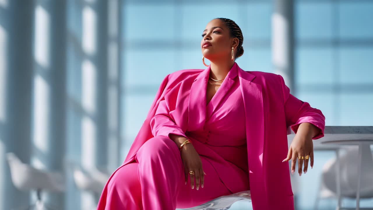 Elegante retrato de una mujer segura de sí misma con un traje rosa vibrante, que irradia estilo y empoderamiento en un entorno contemporáneo con luz natural brillante y fondo minimalista