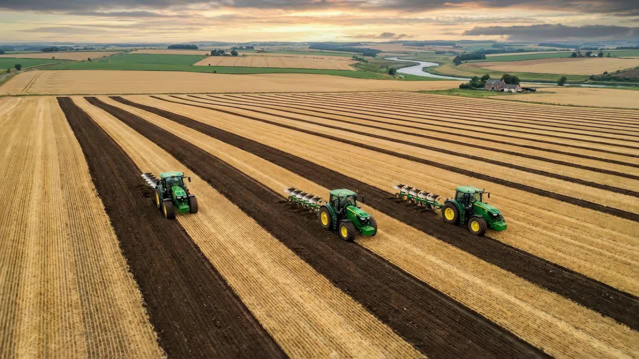 Trattori che arano un campo
