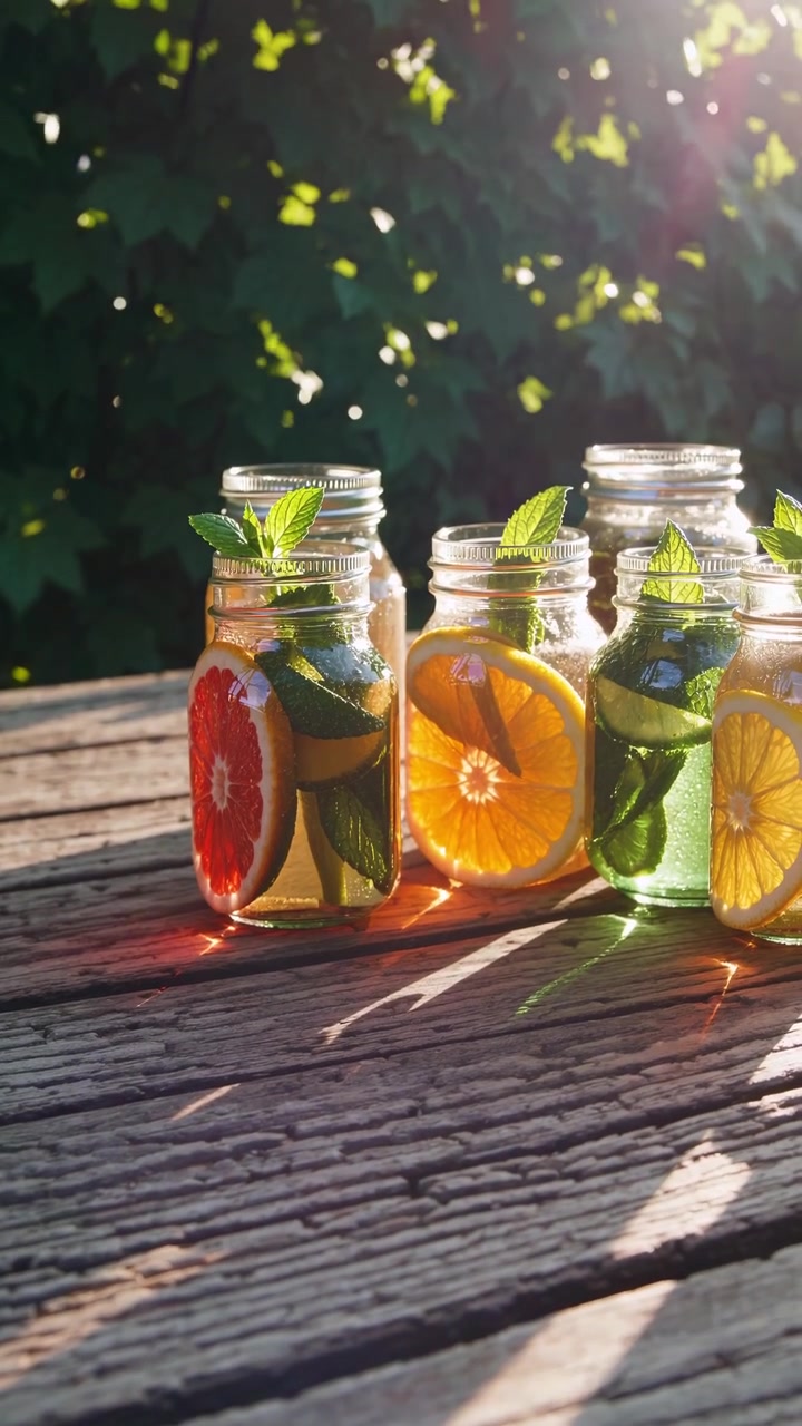 Refreshing Infused Water Jars with Citrus and Mint on Wooden Table