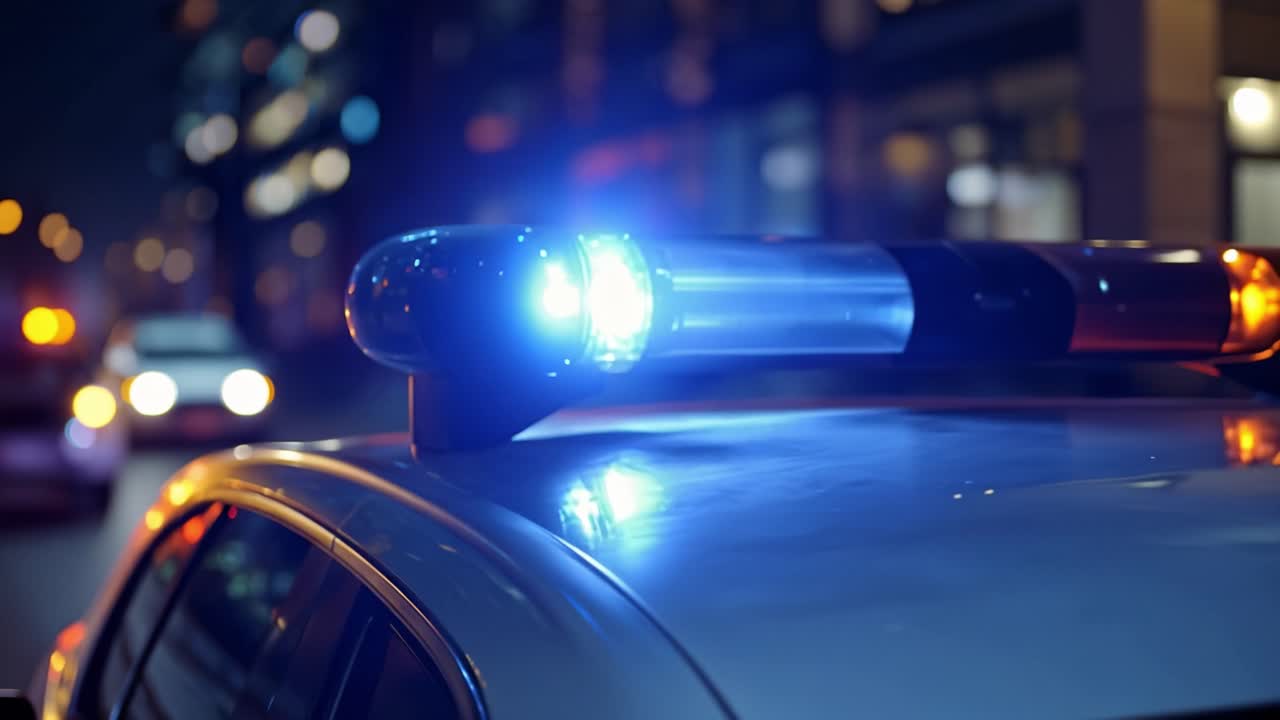 Blue lights pulse over a dark urban street. City buildings glow softly in the background. Police vehicle waits, alert and ready. No people visible, only the vehicle's presence