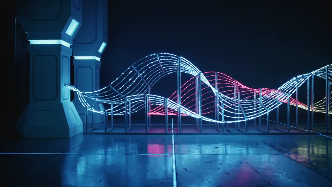 Animating LED ribbon wave sculpture starting lights in dark hall, showing pillars and reflections