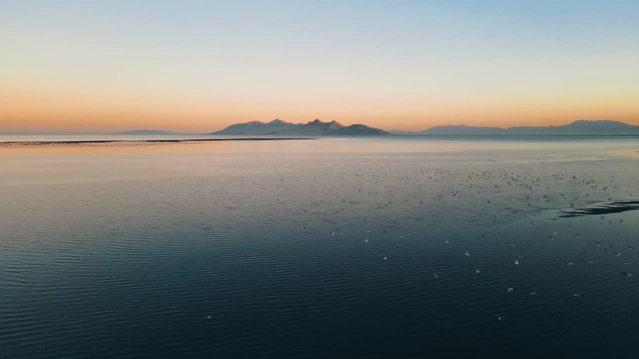 영화 속 에 나오는 공중 도리 가 그레이트 솔트 레이크 를 가로질러 앤 ⁇ 로프 섬 으로 향하고 해 가 지는 때 메일  ⁇  이 날아다니고 있다