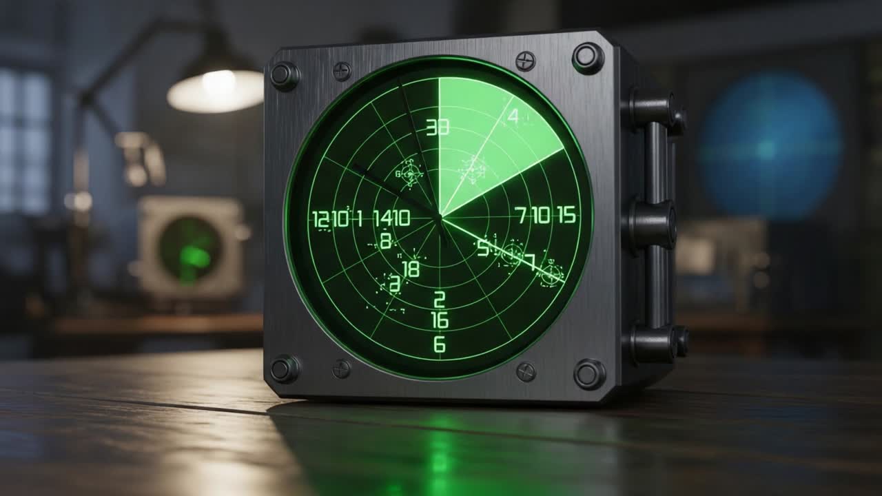 A Close-Up View of a Green Radar Display, Showcasing Distinctive Radar Waves and Readings in a Dimly Lit Room with Interesting Background Elements