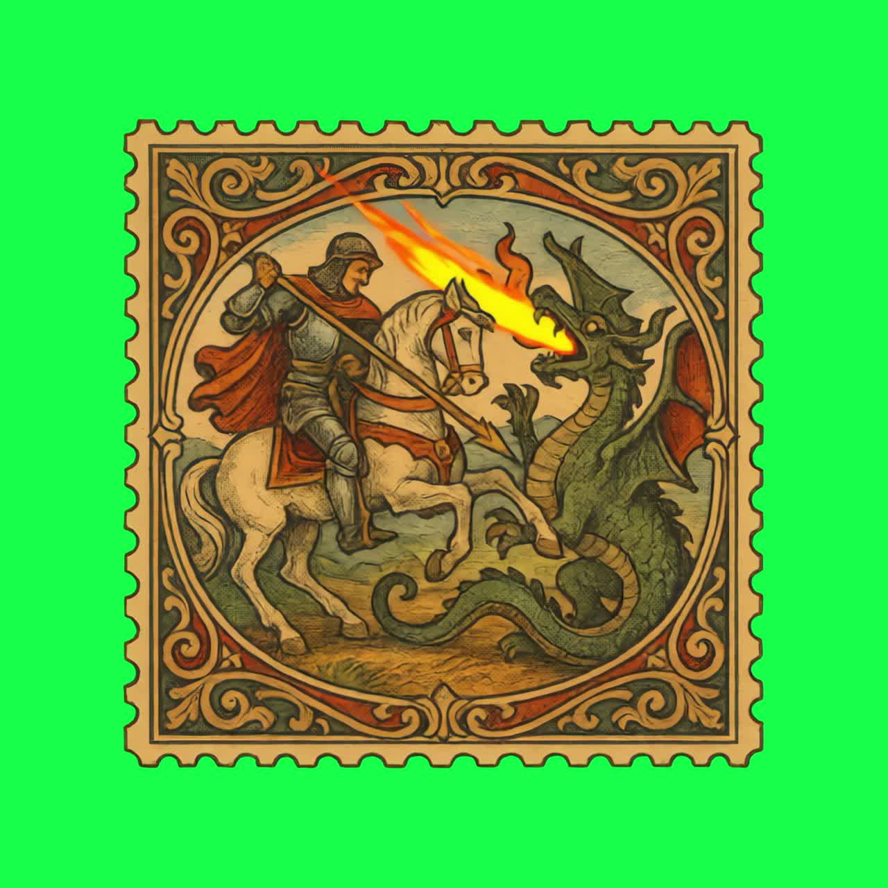 Medieval knight slays dragon animation, transparent 4K video, green screen