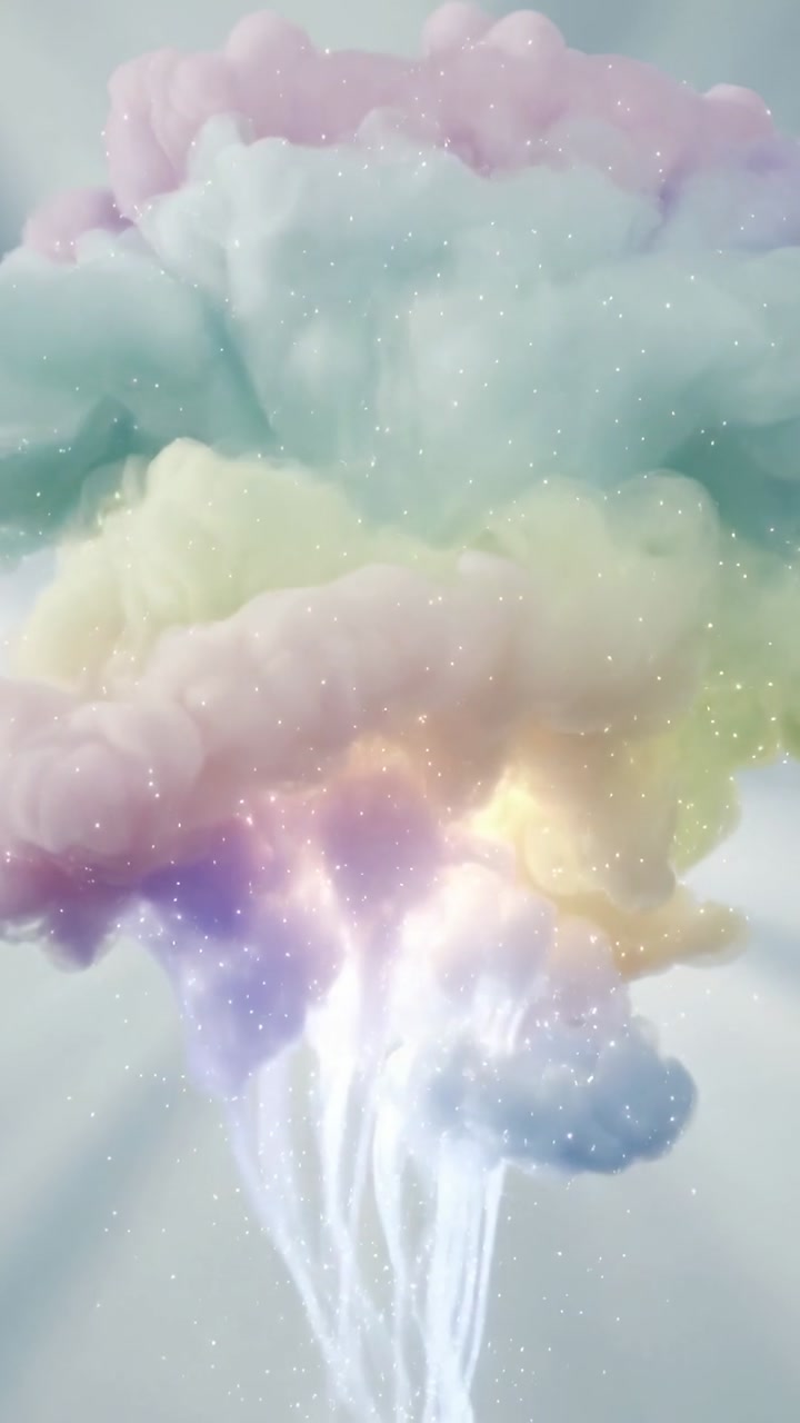Vertical video: Pulsing layered pastel cloud growing warm core in sky, casting streams and sparks