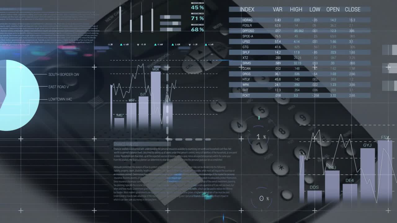 At startup, dashboard overlay fading table, sliding percentages, rotating pie chart, filling gauges