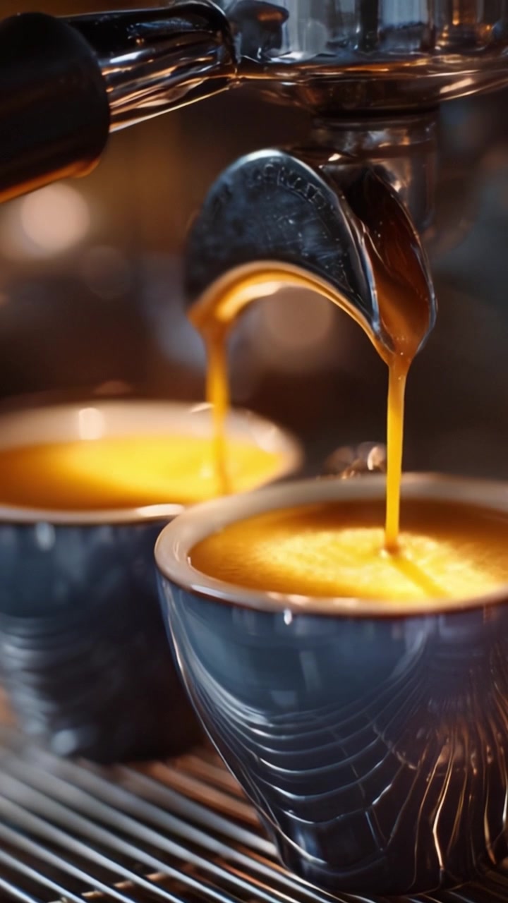 Un Primo Piano di Caffè Espresso Versato in Tazze Eleganti, Che Cattura il Ricco Aroma, Colore e Consistenza del Caffè Appena Fatto nello Studio di un Barista