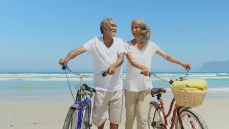 vista frontal de una pareja activa de ancianos afroamericanos con bicicleta caminando por la playa al sol 4k
