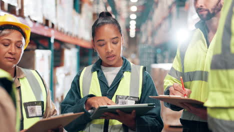 warehouse workers in a team meeting