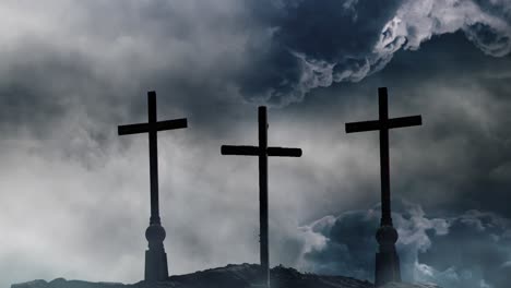 three crosses silhouette over the mountain on the background of thunderstorms and lightning striking