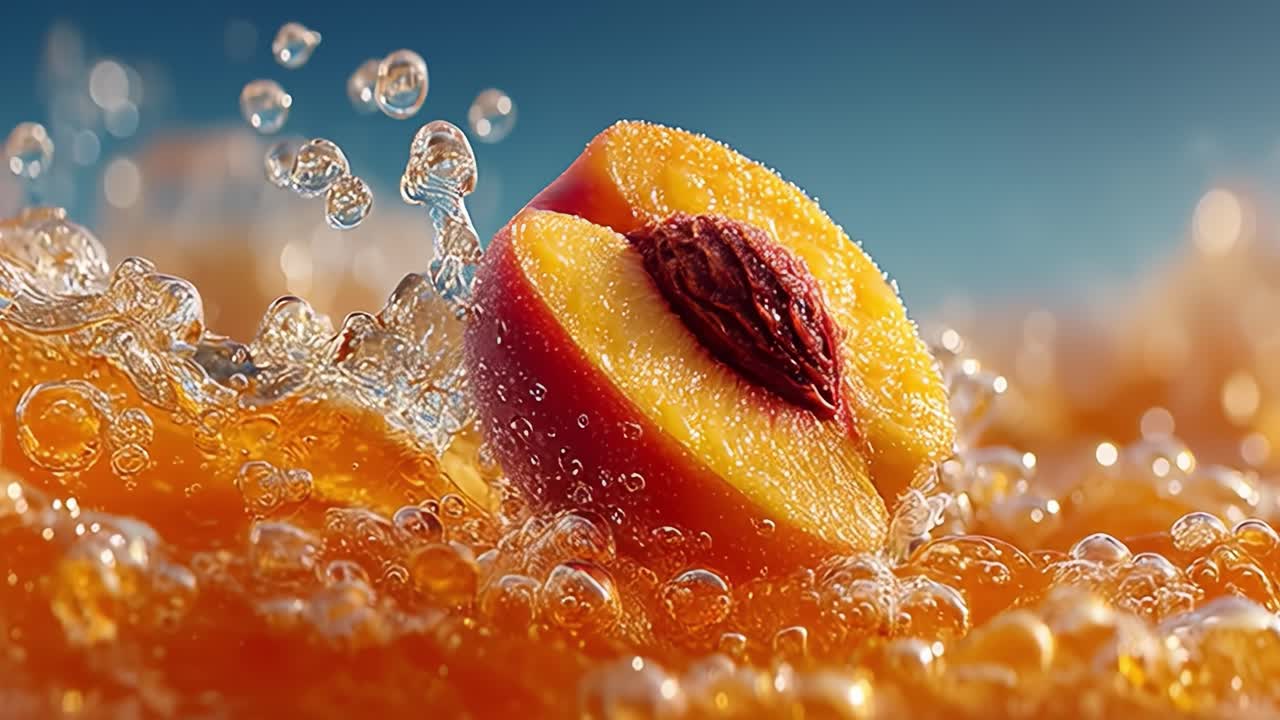 Peach slice splashing into orange juice