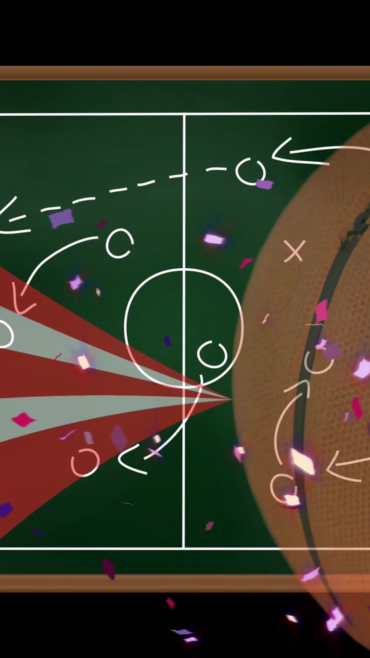 Animazione di coriandoli su disegno di uno schema di gioco e pallone da basket su sfondo nero