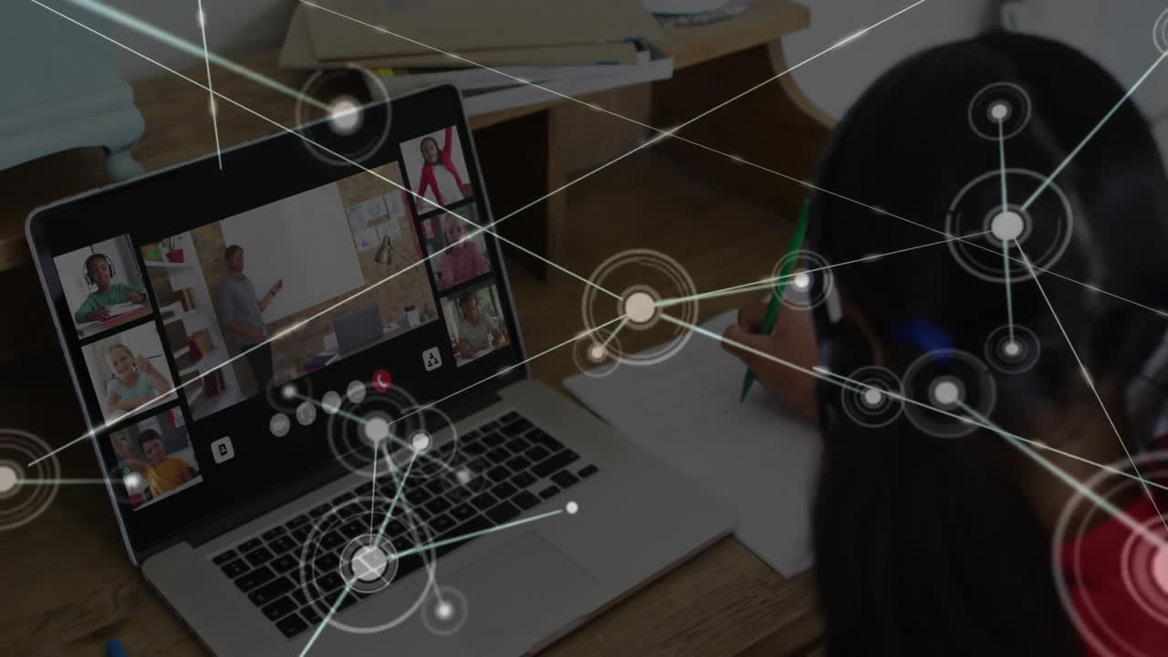Virtual meeting with network connections animation over person writing notes at desk